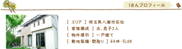 Iさんプロフィール　＜エリア＞埼玉県八潮市在住＜家族構成＞夫、息子2人＜物件種別＞一戸建て＜敷地面積・間取り＞64坪・５LDK